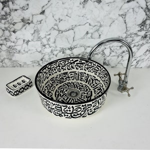 Bancada redonda da pia do banheiro de cerâmica para vaidade-lavatório de cerâmica marroquina artesanal pintado à mão com letras árabes