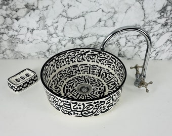 Round Ceramic Bathroom Vessel Sink Counter top for Vanity - Handmade Moroccan Pottery Wash Basin Hand Painted with Arabic Letters