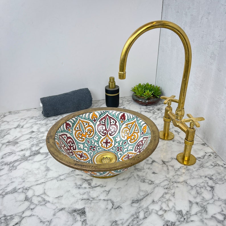 Buy Custom Ceramic Farmhouse Sink With Antique Brass Rim Porcelain