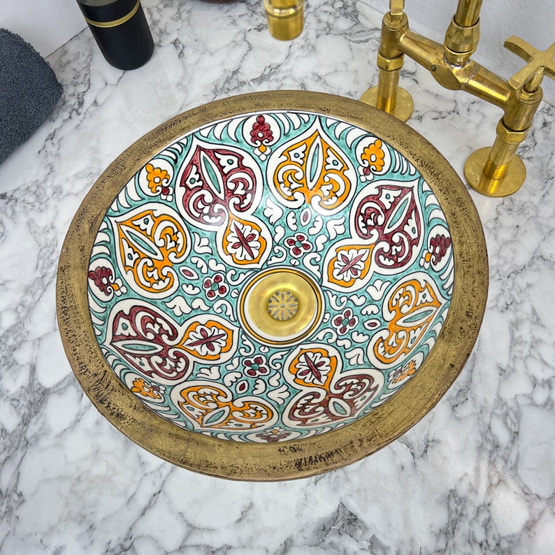 Buy Custom Ceramic Farmhouse Sink With Antique Brass Rim Porcelain