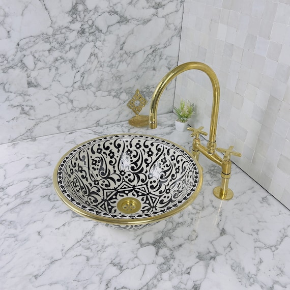 Handmade Ceramic Sink with Brass Rim, Modern Bathroom Sink, Countertop & Drop in Vessel Sink, Bathroom Vanity Sink, Bathroom Statement Piece