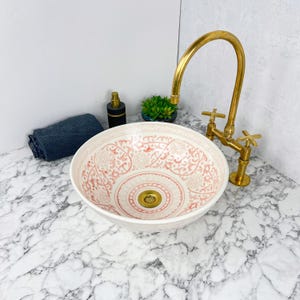 Handgemachtes rosa Blumenwaschbecken - Waschtisch - Marokkanisches Porzellanwaschbecken - Badezimmerwaschbecken - Keramikwaschbecken - Art Basin Decor
