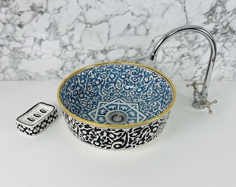 Round Modern Bathroom Vessel Sink 14k Gold Rim Edge Countertop Ceramic Porcelain Sink - Handpainted Lavatory Hand Wash Basin vanity