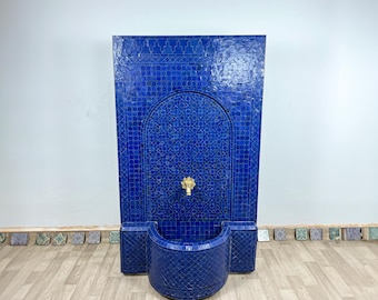Custom Blue Outdoor Fountain for Garden - Large Water Fountain - Moroccan Mosaic Fountain - Patio Tile Fountain for Indoor - Wall Fountain