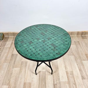 Handmade Green Mosaic Table for Outdoor Decor - Round Moroccan Tile Table - Indoor Mosaic Coffee Table - Rustic Mid Century Dining Table