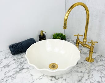 Rundes Keramik-Waschbecken für das Badezimmer – Waschbecken aus Porzellan – handgefertigtes marokkanisches Waschbecken – Keramikwaschbecken mit Wellenrand
