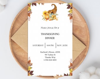 Thanksgiving Dinner Invitation, Editable Fall Cornucopia Template, Customizable Autumn Gathering Invite, Printable PDF for Family Feast