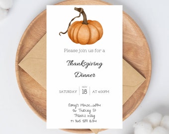 Thanksgiving Dinner Invitation, Editable Canva Template, Rustic Pumpkin Design, Customizable Fall Gathering Invite | Printable PDF