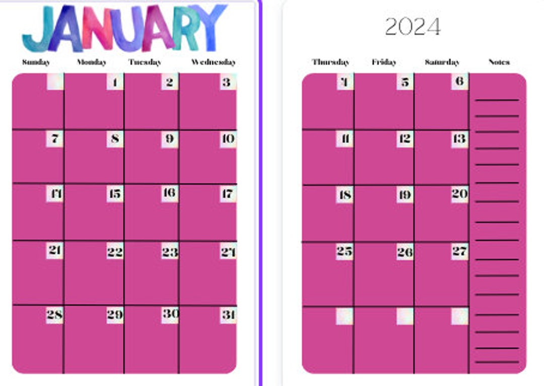 2024 Printable Calendar Cute Calendar 2024 Calendar School Etsy