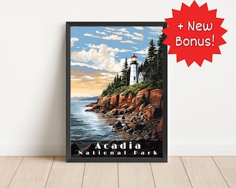 Póster del Parque Nacional Acadia: Faro de Bass Harbor, arte de viaje retro (descarga digital)