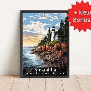 Acadia National Park Poster: Bass Harbor Lighthouse, Retro Travel Art (Digital Download)