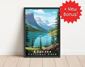Pôster de viagem do Parque Nacional Glacier: Arte paisagística cênica (Download digital)