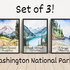 Ensemble de 3 affiches des parcs nationaux de Washington, impression aquarelle de Washington, art mural, affiches en téléchargement numérique, art olympique des cascades du mont Rainier