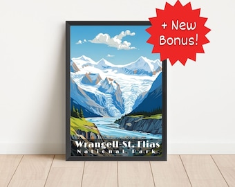 Wrangell-St. Elias National Park Poster Wandkunst Retro Reise Nationalpark Wrangell St. Elias Alaska Druck Wohnzimmer Kunst Digital Download