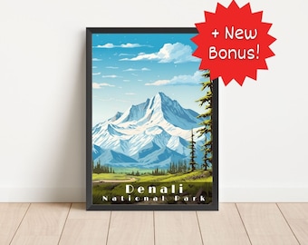 Retro reseaffisch i Denali nationalpark: Väggkonst i Alaska (digital nedladdning)