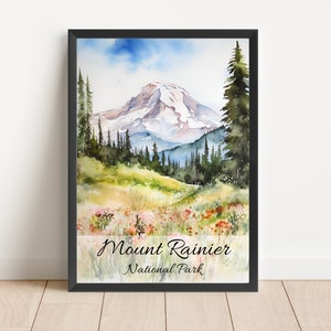 Mount Rainier Watercolor Painting National Park Poster Travel Watercolor National Park Mount Rainier Print Living Room Art Digital Download