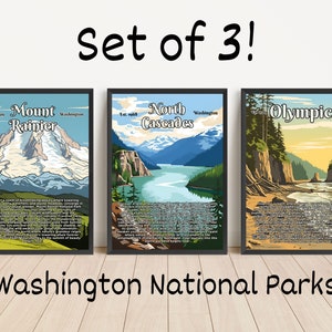 Ensemble de 3 affiches des parcs nationaux de Washington, galerie d'impressions d'art mural en téléchargement numérique, affiche vintage des North Cascades, Mount Rainier, art olympique