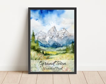 Grand Teton Watercolor Painting National Park Poster Travel Watercolor National Park Grand Tetons Print Wall Art Digital Download Poster