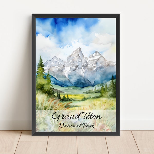 Grand Teton Watercolor Painting National Park Poster Travel Watercolor National Park Grand Tetons Print Wall Art Digital Download Poster