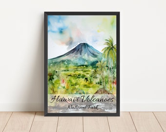 Póster de viaje con acuarela del Parque Nacional de los Volcanes de Hawái (descarga digital)