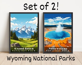 Ensemble d'affiches sur les parcs nationaux du Wyoming : Yellowstone et Grand Teton (téléchargement numérique)