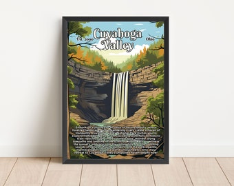 Reklama w stylu vintage w dolinie Cuyahoga, plakaty z parkami narodowymi w Ohio, sztuka ścienna do pobrania w wersji cyfrowej, plakat z wodospadem