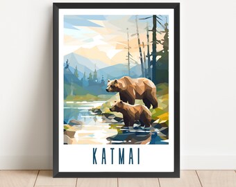 Plakat Parku Narodowego Katmai: Abstrakcyjny krajobraz niedźwiedzia grizzly (pobranie cyfrowe)