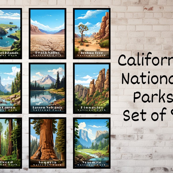 California National Parks Posters Prints Wall Art Digitale Download Set van 9 Yosemite Joshua Tree Death Valley Sequoia Kings Canyon Redwood