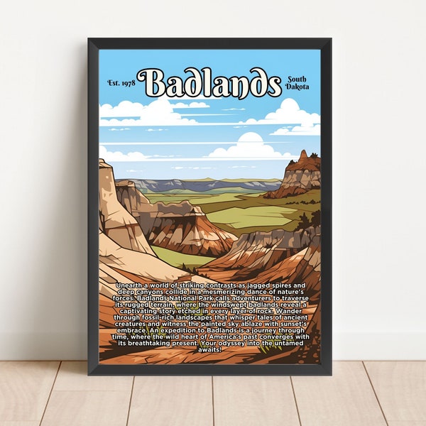 Badlands Vintage Style Advertisement National Park Posters South Dakota Travel Wall Art Digital Download Printable Artwork Poster Retro Ad