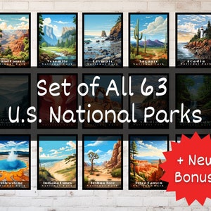 US National Parks Posters Set of All 63 Wall Art Living Room Digital Download Park Poster Grand Canyon Zion Bryce Rocky Mountain Great Smoky