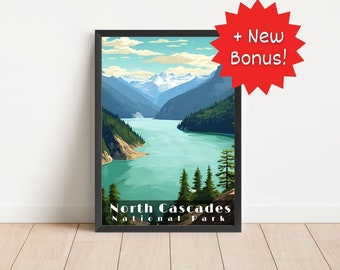 Retro reisposter North Cascades National Park: meer en bergen (digitale download)
