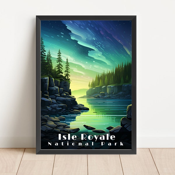 Isle Royale National Park Poster Wall Art Travel Poster National Park Isle Royale Northern Lights Print Living Room Art Digital Download