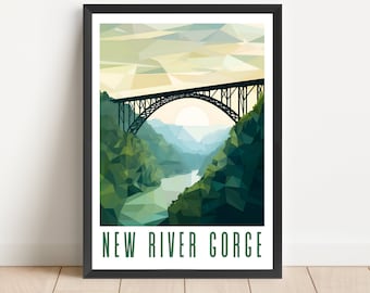 Novo pôster do parque nacional do desfiladeiro do rio, arte de parede de viagem da Virgínia Ocidental, download digital de arte para impressão, decoração abstrata da ponte do desfiladeiro do rio