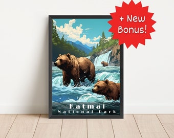 Plakat do Parku Narodowego Katmai: Niedźwiedź grizzly z Alaski w stylu retro (do pobrania cyfrowego)