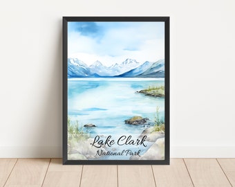 Pintura em aquarela do Lago Clark, pôster do Parque Nacional, viagem em aquarela, Parque Nacional do Lago Clark, Alasca, impressão, arte para sala de estar, download digital