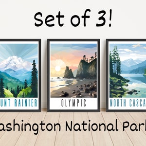 Affiches des parcs nationaux de Washington ensemble de 3 tirages galerie Wall Art téléchargement numérique affiche North Cascades Mount Rainier Olympic Travel Print