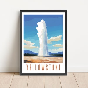 Póster del Parque Nacional de Yellowstone, Montana, Wyoming, géiser Old Faithful, arte mural de viaje, descarga digital, obra de arte imprimible, paisaje abstracto