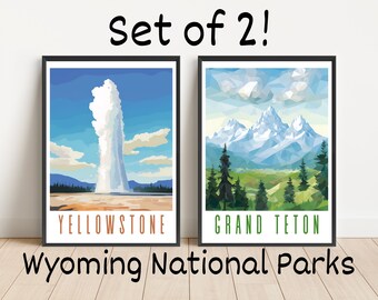 Ensemble de 2 affiches sur les parcs nationaux du Wyoming, galerie d'art mural, affiche en téléchargement numérique, Yellowstone, Grand Teton, conception graphique de voyage, Tetons