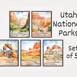 Utah National Parks Posters Set of 5 Utah Watercolor Prints Wall Art Digital Download Poster Zion Arches Bryce Canyonlands Capitol Reef Art