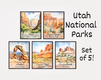 Aquarelprintset Utah National Parks: Zion, Arches, Bryce (digitale download)