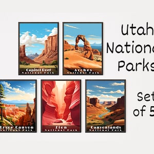 Utah National Parks Posters Set of 5 Utah Posters Prints Living Room Wall Art Digital Download Poster Zion Arches Bryce Canyonlands Capitol
