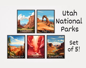 Posterset nationale parken Utah: Zion, Arches, Bryce (digitale download)