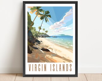 ヴァージン諸島国立公園ポスター USVI 旅行壁アート デジタルダウンロード 印刷可能なアートワーク 抽象的なビーチ 海岸線 ヤシの木 海岸装飾