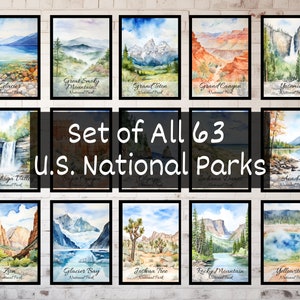Conjunto de carteles de parques nacionales de EE. UU. de los 63 parques nacionales, pinturas de acuarela, arte de pared, descarga digital, póster, conjunto de impresiones artísticas de parques nacionales