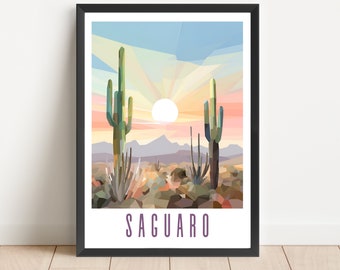 Poster Saguaro National Park: abstract landschap bij zonsondergang in Arizona (digitale download)