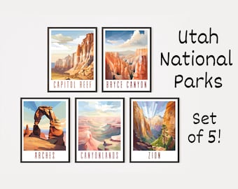 Utah National Parks Posters Set of 5 Prints Gallery Wall Art Digital Download Poster Mighty Five Zion Arches Bryce Canyonlands Travel Design