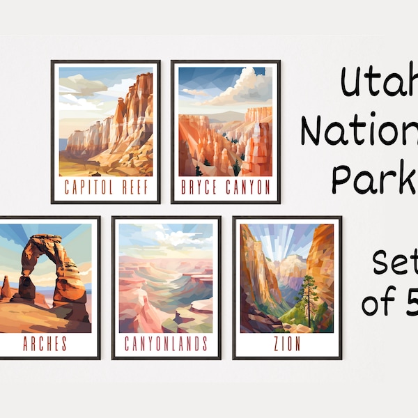 Utah National Parks Posters Set of 5 Prints Gallery Wall Art Digital Download Poster Mighty Five Zion Arches Bryce Canyonlands Travel Design