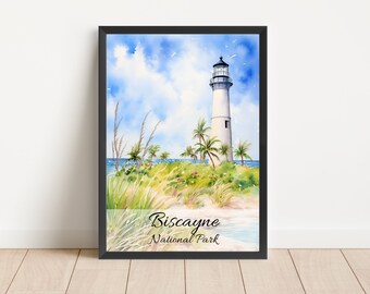 Biscayne Watercolor Painting National Park Poster Travel Watercolor National Park Biscayne Florida Lighthouse Wall Art Digital Download