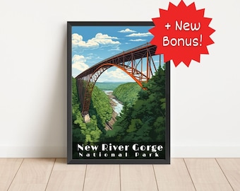 Cartaz de viagem do Parque Nacional New River Gorge: Arte de parede em estilo vintage (download digital)