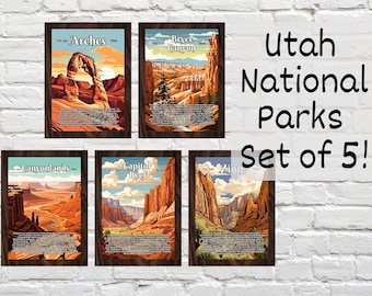 Utah nationale parken posters set van 5 prenten vintage galerij muur kunst digitale download Mighty Five Zion Arches Bryce Canyonlands Travel Decor